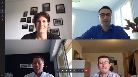 Une partie de l’équipe du réseau Motival en conférence de travail sur Teams avec, de gauche à droite, Marie-Pierre Lubet, Benjamin Viguier, Éric Malabat, Yves-Marie Allainmat et Alain Baraton (médaillon).